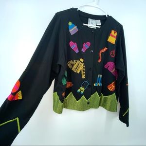 Michael Simon Embroidered Winter Theme Button Up cotton Cardigan Sz Large